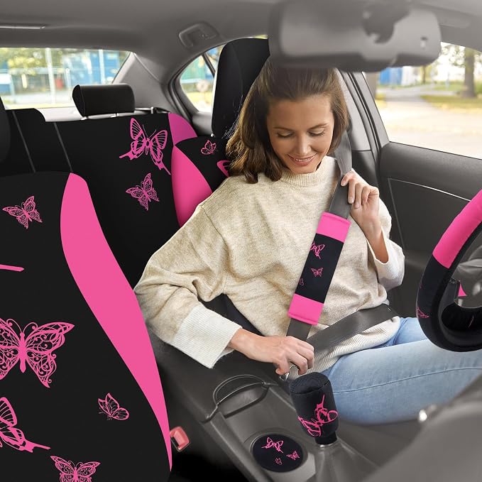 BBTO 47 Pcs Car Seat Full Set Car Accessories for Women 5 Front Rear Seat Covers Wrist Strap 2 Pieces Cup Mat Armrest Pad 2 Belt Cover Accessories for SUV(Pink Black)