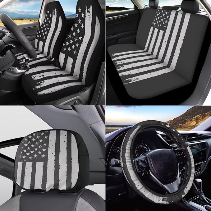 KEIAHUAN Patriotic American Flag Print Car Seat Covers with Steering Wheel, Gear Shift, Handbrake, Cup Holder, and Headrest Covers Auto Accessories Set Fit Most Van Sedan Truck SUV