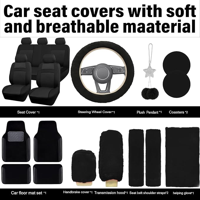 Car Seat Cover Full Set for Women with Waterproof Floor Mats,3D Air Mesh Car Seat Cover with 5mm Composite Sponge Inside,Universal Fluffy Steering Wheel Cover, Accessories Full(Black)