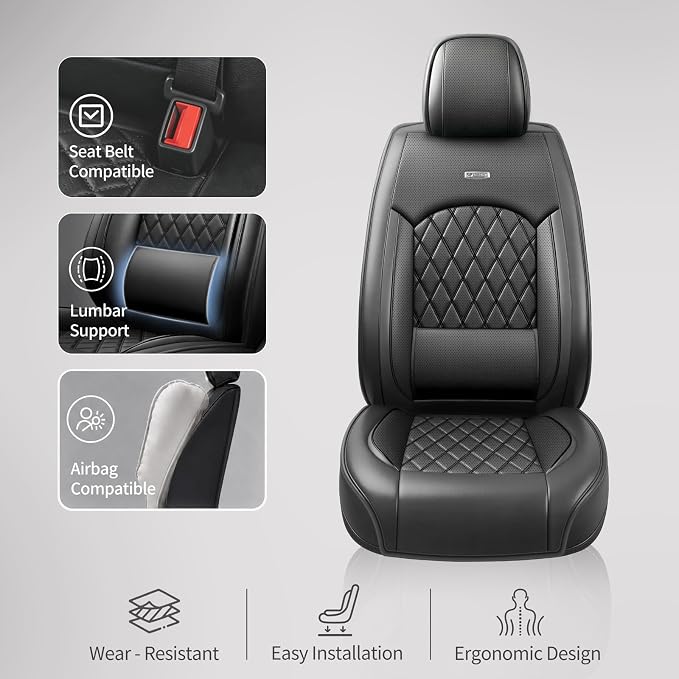 Fit Edge Car Seat Covers for Ford Edge 2007-2025 2026 - Luxury Leather, Anti-Slip, All-Weather, Waterproof & Breathable, Airbag Compatible, 2 Front Seats Only (Black)