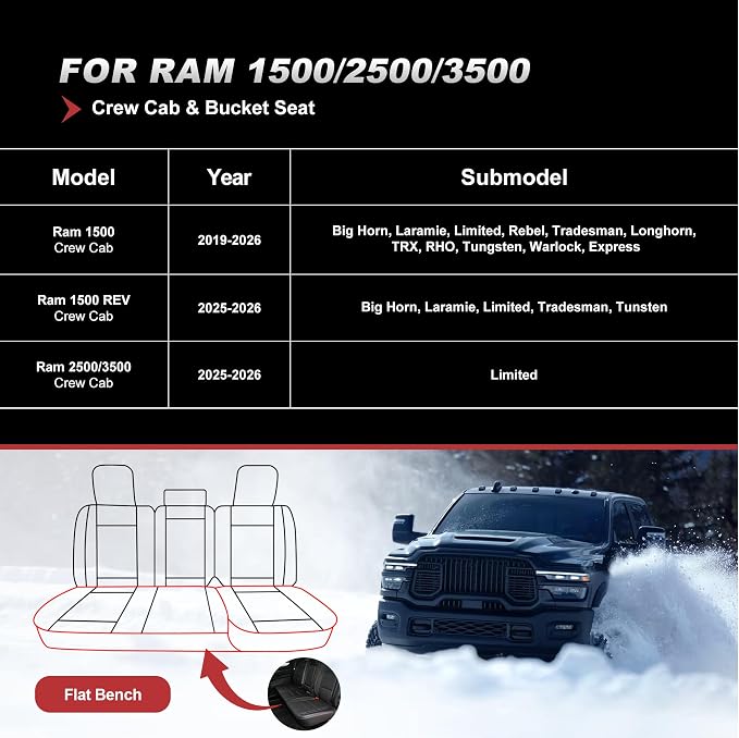 TTX for Dodge RAM 1500 2500 3500 2012-2025 2026 Seat Covers - Waterproof Faux Leather Seat Cushion Cover and Flat Bench(Full Set/Black&Light Grey)