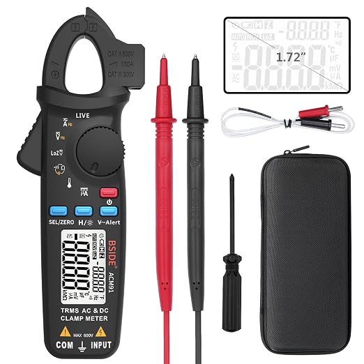 BSIDE 1mA DC/AC Clamp Meter True RMS 6000 Counts Temperature Low Impedance Voltage Amp V-Alert Live Wire Check Tester with Back Clip