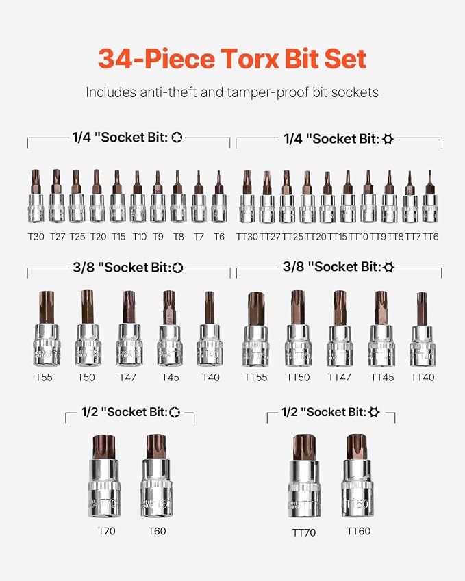 VEVOR Torx Bit Socket Set, 34-Piece Solid Star and Tamper Proof T6-T70, S2 Alloy Steel and Cr-V Steel, 1/4 in, 3/8 in, and 1/2 in Drives, with Enhanced Storage Case, Torx Sockets for Hand Use