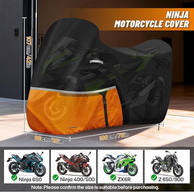 Waterproof Motorcycle Cover for Kawasaki Ninja 400/500/650 Z900 ZX6R (No Trunk Models), 420D Oxford Cloth Heavy Duty Motorbike Cover for Snow Rain UV Dust All Weather Outdoor Protection