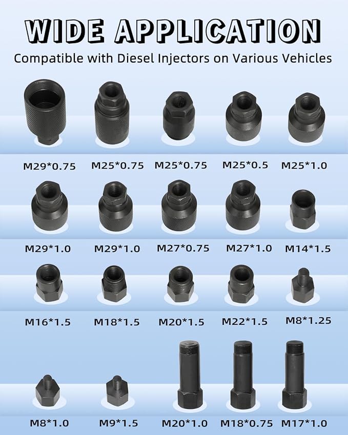 Universal Pneumatic Diesel Fuel Injector Puller Tool Kit 28pcs Injector Remover Extractor with Impact Air Tool Injector Puller Extension Rods Compatible with Benz for Bosch for Siemens Diesel Engine