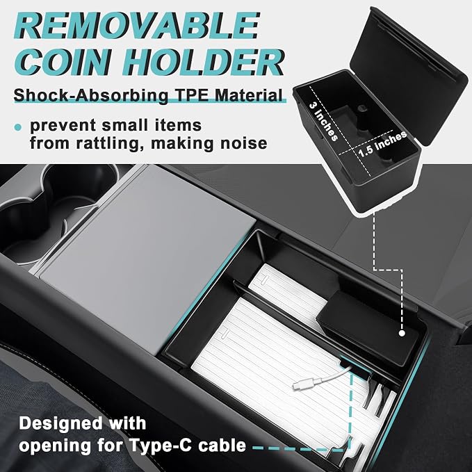 BestEvMod 5PCS Center Console Organizer Compatible with 2026 2025 Tesla New Model Y Juniper Accessories ABS Slide Smoothly Cup Holder Insert Wireless Charger Mat Silicone (Black) Not fit Standard