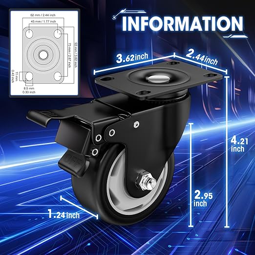 3" Heavy Duty Plate Casters, 1000 Lbs Dual Brake - Set of 24 | Black 1000 Lbs per 4 casters. 360° Swivel. Dual lock. PU won't mark floors. For workbench, furniture, cart.
