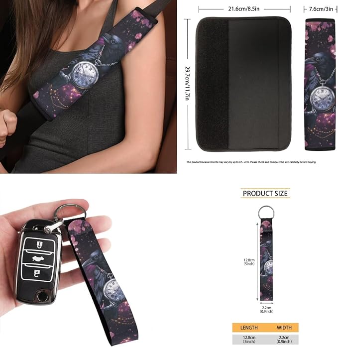 Cherry Blossoms Raven Car Seat Covers Full Set for Women Cute Car Accessories Interior Car Steering Wheel Cover Seatbelt Covers Trash Bin Rear View Mirror Cover Cup Holders Keychain