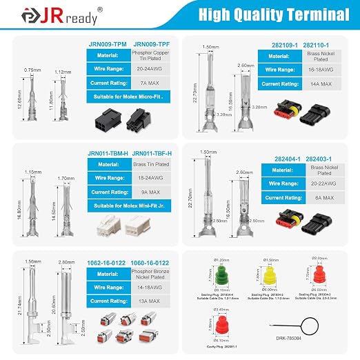 JRready ST6530 441Pcs Pins Terminals Pin Extractor Tool Micro-fit Mini-fit Jr Superseal 1.5 Deutch 16# Wire Crimp Contact Connector Electrical Automotive Male and Female Contacts with Pin Removal Tool