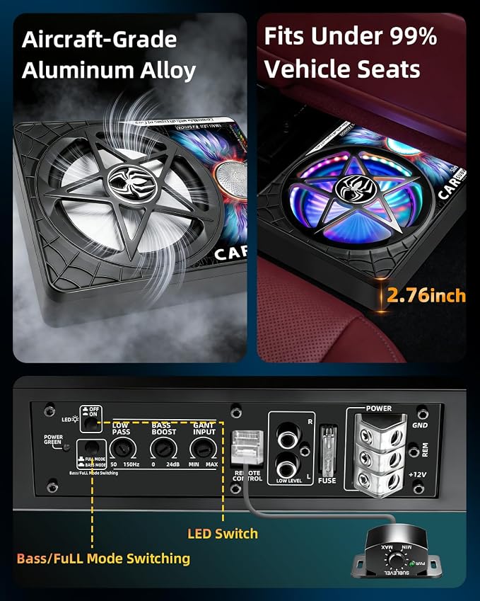 3000W AI 3-Way Under Seat Subwoofer with Amp, Slim Powered Car Subwoofer 20Hz–22kHz Full Range, Built-in Amplifier Plug and Play Sub and Amp Combo for Car Truck SUV