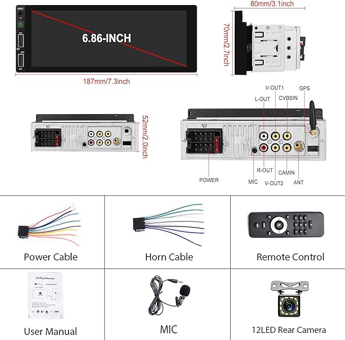 Single Din Car Stereo Wireless Carplay Car Radio Bluetooth 5.0, Rimoody 6.86" Touchscreen Android Auto Mirror Link 2-USB FM EQ/SWC/MIC Car Audio Receiver with Backup Camera