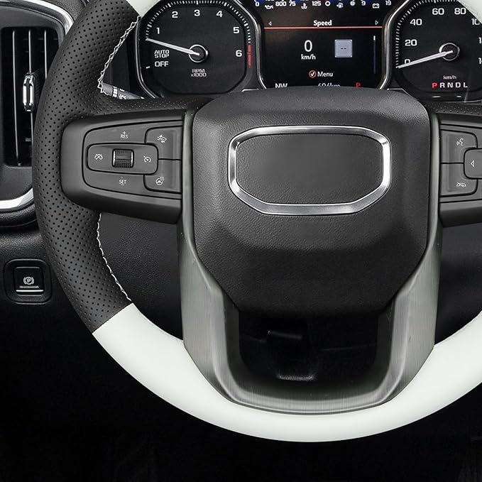 MEWANT DIY Stitched White Leather Steering Wheel Wrap Cover for GMC Sierra 1500 2019-2023 / Sierra 1500 Limited 2022 / Sierra 2500 2020-2024 / Sierra 3500 2020-2024 / Yukon (XL) 2021-2023 Accessories