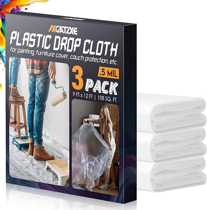 12 x 9 Ft Plastic Drop Cloths (3-Pack) - Disposable Painter's Sheeting & Tarps for Painting, Waterproof Furniture/Couch/Floor Protection