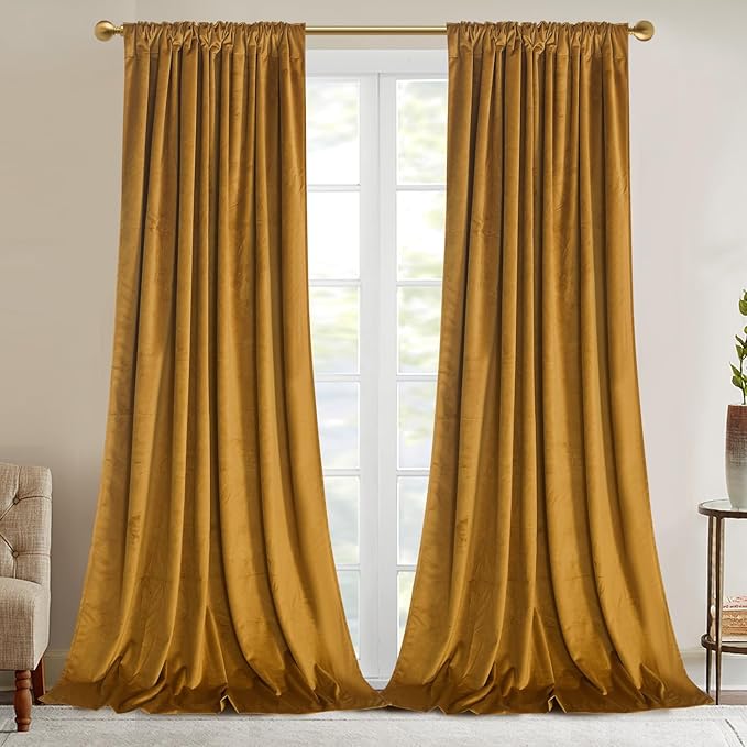 Roslynwood Luxury Soft Mustard Velvet Curtains 96 inches Long Back Tab Thermal Insulated Blackout Window Drapes for Living Room/Bedroom/Dining Room, W52 x L96, 2 Panels