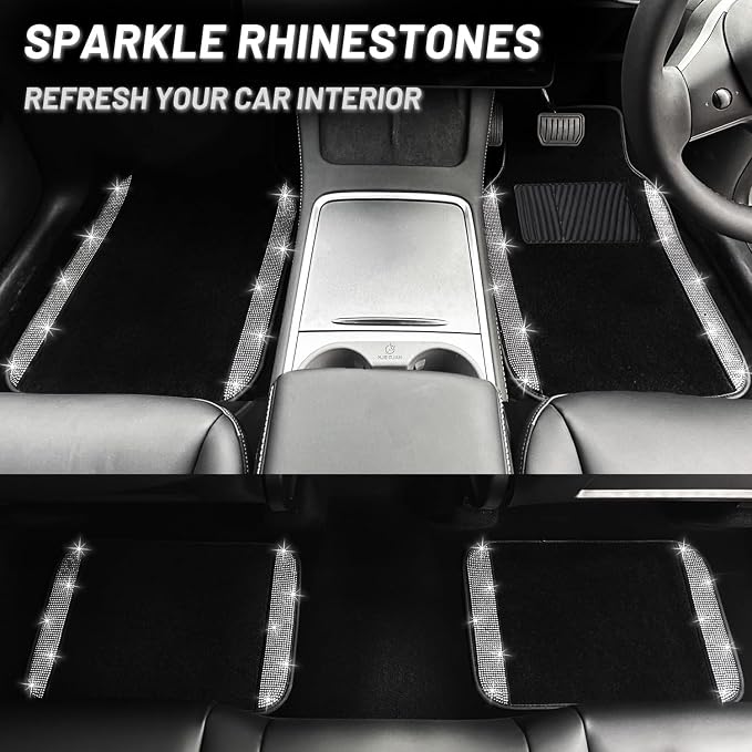 NBTEPEM 12 Pcs Bling Car Accessories Set for Women Car Floor Mats Full Set Steering Wheel Cover Seat Belt Covers Coasters Universal Fit Car SUV Truck Van Silver