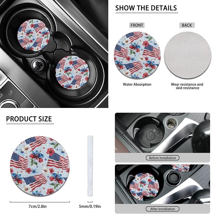 Wanyint Car Seat Cover Set 12 PCS, with Steering Wheel Cover Seat Belt Armrest Handbrake Gear Shift Knob Cover Set Coasters 4th of July Patriotic Decor Auto Accessories, American Flag Hibiscus Blue