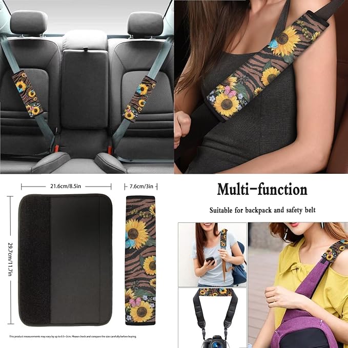 Sunflower Butterfly Stripe Print Car Seat Covers Full Set, Car Accessories Set of 13, Soft Steering Wheel Cover + Seat Belt Cover + Cup Holder Coasters Universal Fit for SUV Truck Van