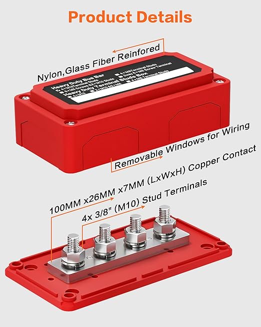 IZTOSS 300A Bus Bar DC12 24 48V Heavy Duty Waterproof Power Distribution Block with 4 x 3/8"(M10) Terminal Studs Battery Bus Bar for Automotive Marine RV Truck - Positive & Negative