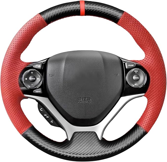 Loncky Carbon Fiber Black Genuine Leather Steering Wheel Cover for Honda Civic 9 Civic 2012 2013 2014 2015 Hand Stitched Custom Fit Car OEM Parts Interior Accessories