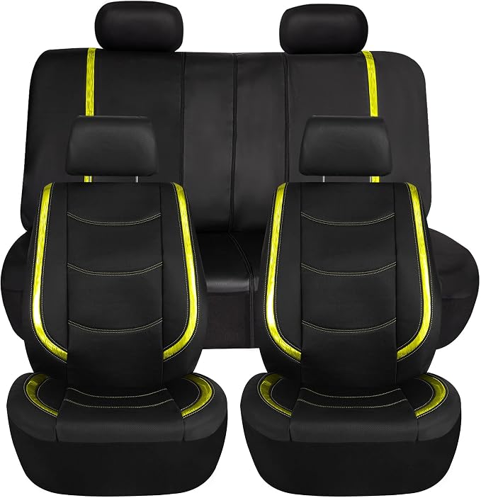 FH Group Galaxy13 Metallic Striped Deluxe Leatherette Car Seat Covers with Matching Carpet Floor Mats – Full Set, Universal Fit, Airbag Compatible for Cars, SUVs & Sedans, Yellow