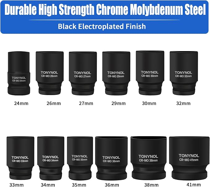TONYNOL 3/4 Inch Drive Deep Impact Socket Set,6-Point,Metric (24mm to 41mm),12 Pcs,Cr-Mo,Heavy Duty Impact Socket Set,With a Storage Case
