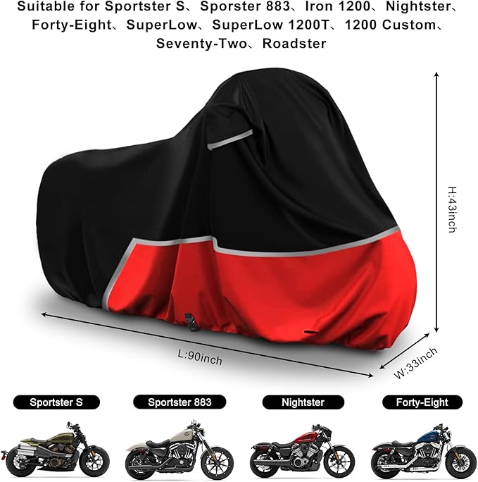 Waterproof Motorcycle Cover Replace for Harley Davidson Sport Models, 420D Oxford Cloth Nightster, Sportster Motorcycle Cover with Reflective Strips for Snow Rain Dust Hail Protection