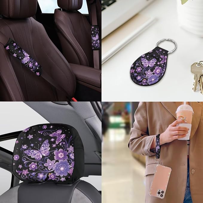 Purple Butterfly Car Seat Covers Full Sets of 18 Pcs Butterfly Flower Car Accessories Set Soft Car Seat Belt Pads Cover Car Headrest Covers Steering Wheel Wrap Coasters,Universal Fit
