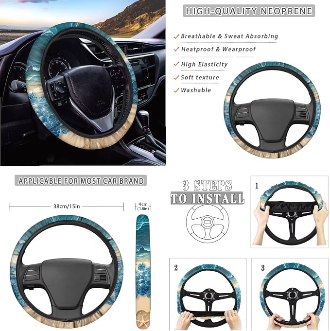 Suobstales Beach Turtle Starfish Print Car Accessories Car Seat Covers for Women Full Set with Steering Wheel Cover + Seat Belt Covers Shoulder Pads + Coasters + Keychains Interior Cover Set of 11