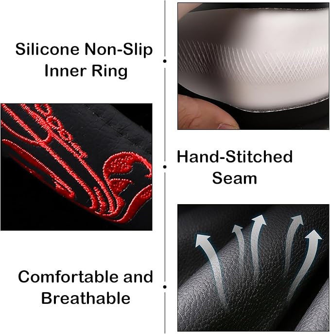 Red Embroidery Butterfly Car Steering Wheel Cover,14.5-15 Inch Universal Leather Covers Breathable Anti-Slip Odorless Steering Wheels Accessories for Men Women