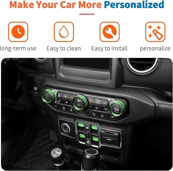 JeCar for Jeep Wrangler JL & Gladiator JT Window Switch Button Knob Cover Trim Kit, Green Aluminum Interior Decoration Accessories (2018–2024 2025+)