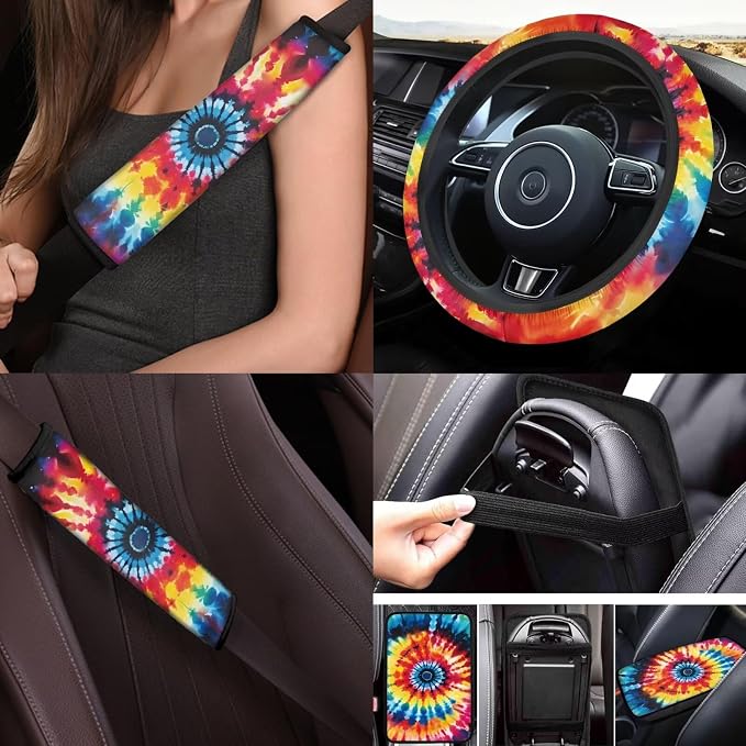 17Pcs Tie Dye Car Seat Covers Full Set with Front and Split Rear Bench,Steering Wheel Cover,Heavy Duty Floor Mats Colorful Tie Dye Car Accessories for Women Universal Fitf or Most Car SUV