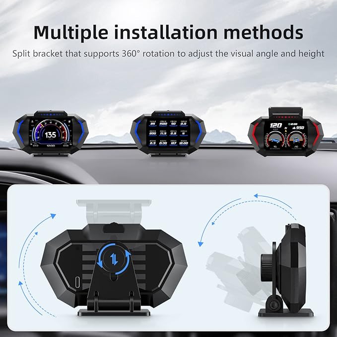 AZIJYV Obd2 Gauge Display with Speed, Heads Up Display for Cars P24, Fuel Consumption, RPM, Overspeed Alarm, OBD+GPS Digital Speedometer Suitable for All Car