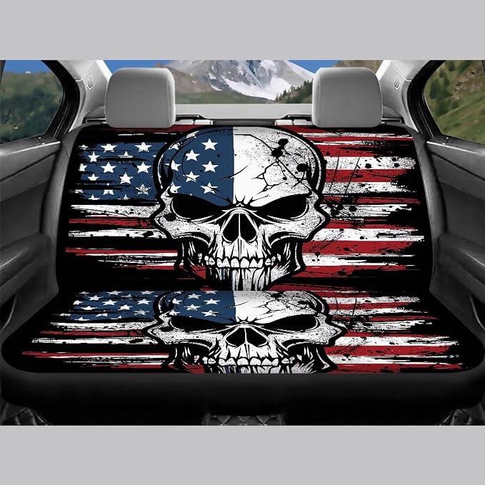 13 Pcs American Flag Skull Car Seat Covers Full Set with Auto Steering Wheel Cover Armrest Cushion Protector Seat Belt Covers, Automotive Interior Sets Unverisal Fit Cars SUV Turcks
