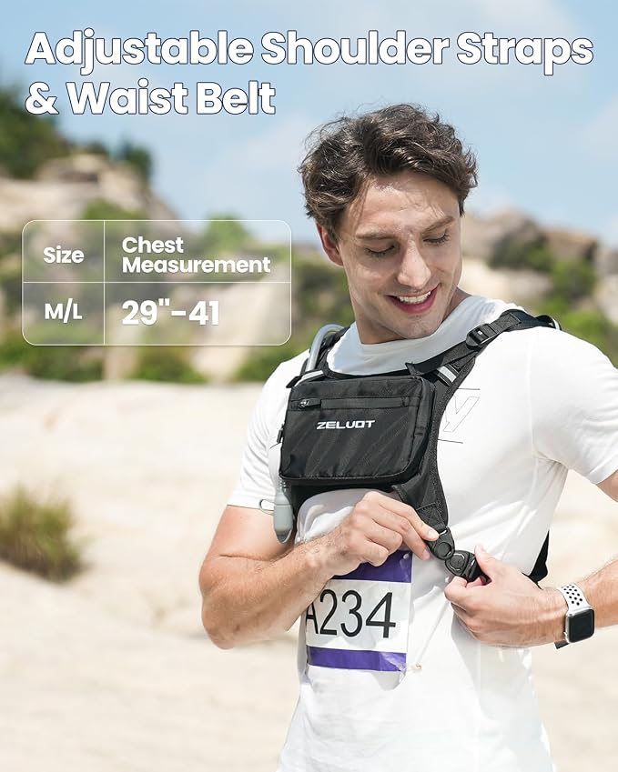 Zelvot Running Vest with 1L Water Bladder, USA Original Patent, Adjustable Reflective Running Hydration Vest, Lightweight Chest Pack for Men Women for Hiking, Cycling