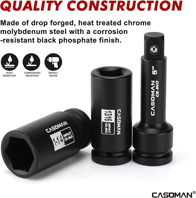 CASOMAN 3/4-Inch Drive Jumbo Master Impact Socket Set, 21PCS SAE Deep Socket Assortment (7/8" to 2"), Include Extension Bar and Ratchet Handle, CR-MO