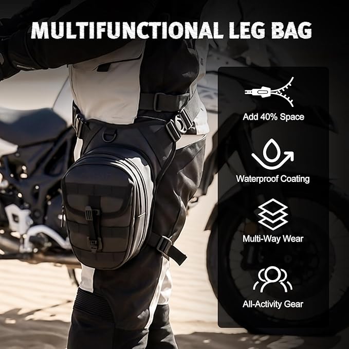 DUHAN Thigh Bag for Motorcycle Riding & Outdoor Adventures Waterproof Expandable Motorcycle Leg Bag with Adjustable Straps, MOLLE System, 3-Layer Organization for Phone, Wallet, Flashlight, Gear