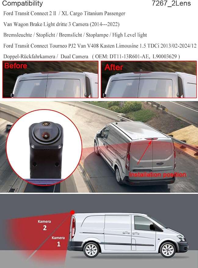 3rd Brake Light Reverse Camera with Two Lens, Dual Cameras Backup Camera Replacement for Van Ford Transit Connect 2 II/XL Cargo Titanium Passenger 2014-2022