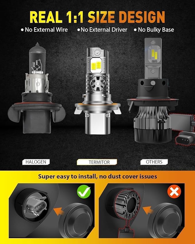 Termitor Latest H13/9008 Light Bulbs, 50,000LM Brightness High/Low Beam, 75000+ Hours Long Service Life, 6500K Cool White, Real 1:1 Halogen Size Exterior Fog Light Bulbs, 3 Mins Plug N Play, Pack of 2