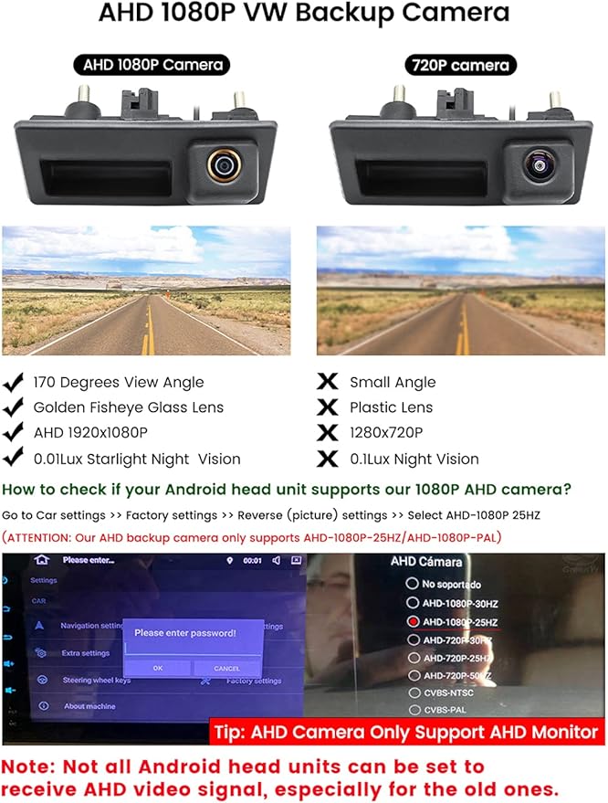 AHD 1080P Backup Camera, GreenYi Car Reverse Camera for Audi A4L A5 A3 Q3 Q5 RS6 for VW Passat Tiguan Jetta Touareg Skoda, ONLY Work with Monitor Radio Head Unit Supporting AHD 1080P Video Signal