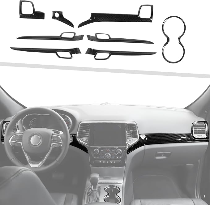 Jimen Fit for Jeep Grand Cherokee 2014-2020, 8PCS Carbon Fiber Interior Kits - Center Console Dash Panel, Inner Door Handle Trim, Front Cup Holder Cover