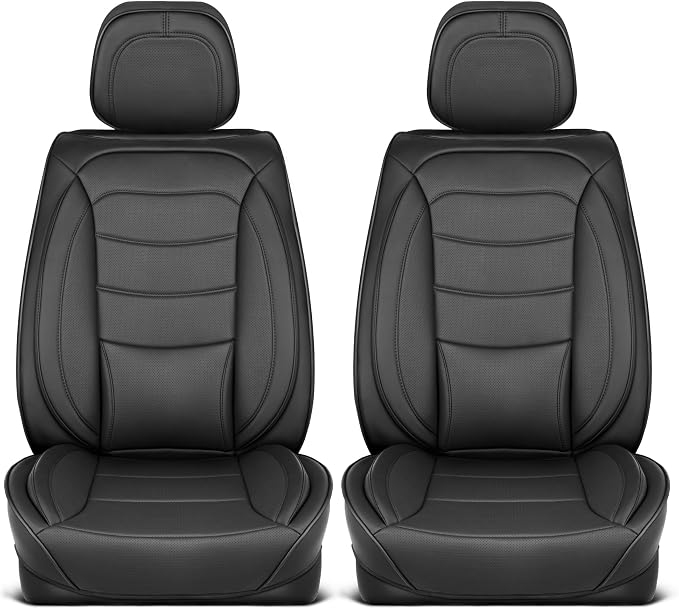 MotorBox Elite Edition Faux Leather Seat Covers for Cars, Trucks, & SUV - 2 Black Car Seat Covers for Front Seats - Universal Fit Car Accessories Automotive Interior Cover Protector for Most Vehicles