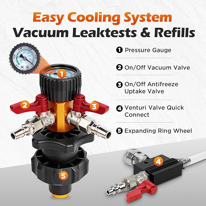 BELEY Coolant Vacuum Refill Kit, 9pc Auto Radiator Cooling System Tool Set with Conical Adapter 5 Round Adapters for Leak Detection Cooling Refill, Vacuum Coolant Fill Kit with Splashproof Hose