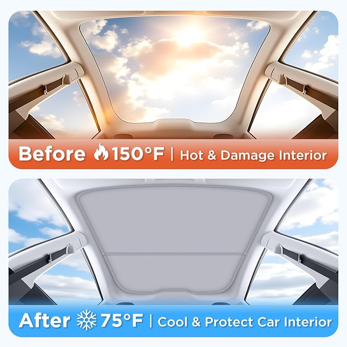 2026 Upgraded for Tesla New Model Y Juniper 2025 2026 Sunshade Roof [No Sag,Ice-Crystal Cooling Coatings] Heat Insulation Glass Roof Sun Shade for Tesla Model Y Accessories 2025 2026 Beige