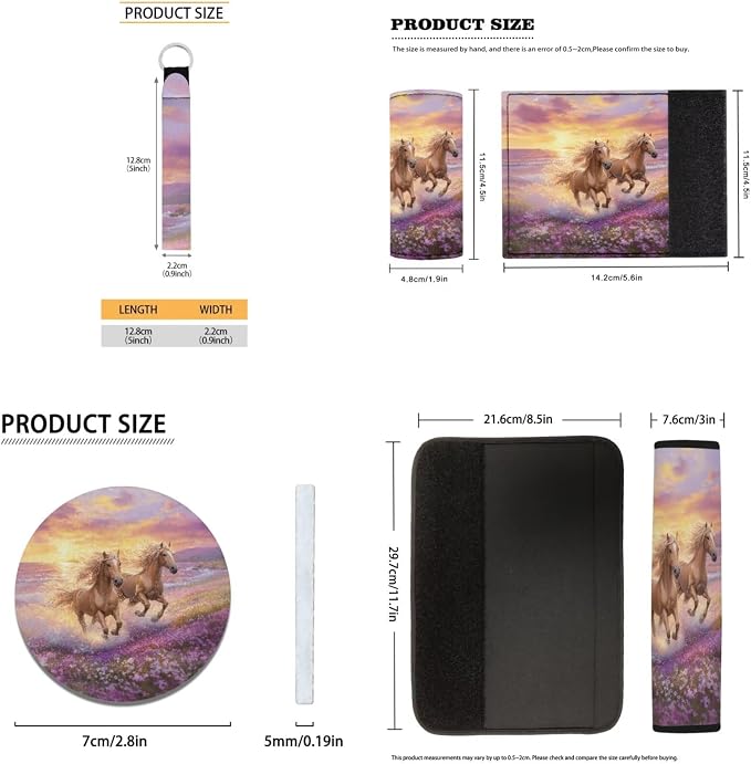 Purple Flower Horse 17 Pcs Car Accessories Seat Covers Full Set Steering Wheel Cover Floor Mats Center Console Pad Cup Holders Seat Belt Pads for Women Men Car Interior Decor