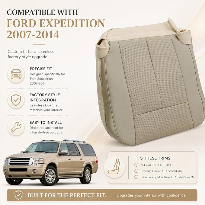 FZJDSD Tan Driver & Passenger Bottom & Top Lean Back Replacement Perforated Microfiber Leather Seat Covers Compatible with Ford Expedition 2007 2008 2009 2010 2011 2012 2013 2014