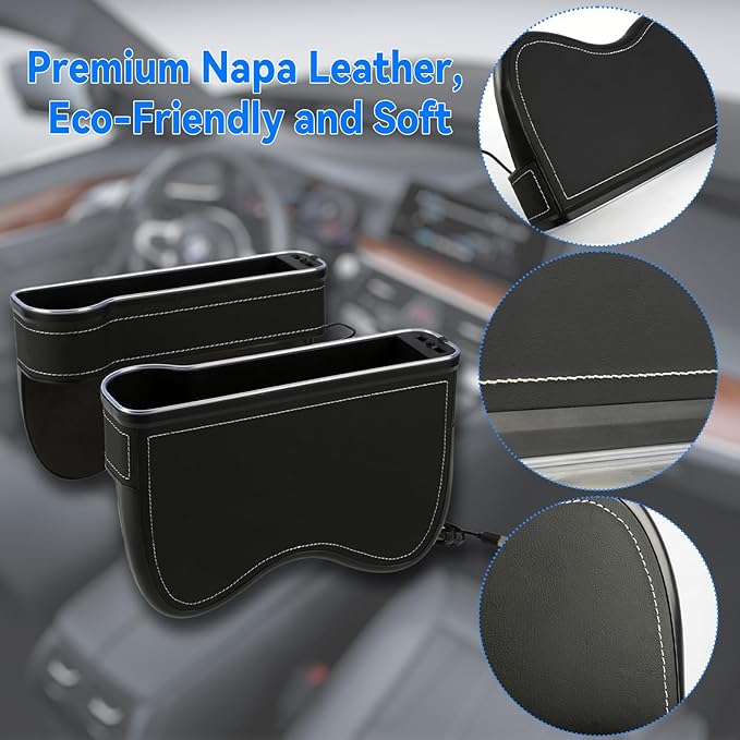 2 Pack Car Seat Gap Plug Storage Slot with USB Charger Upgrade LED Car Seat Gap Filler Organizer Box with Cup Holder Card Slot Larger Storage Space Reducing Item Loss