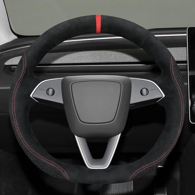 MEWANT Hand Stitch Black 9040 Athsuede Steering Wheel Cover Wrap for Tesla Model 3 Highland 2024 Model Juniper 2024