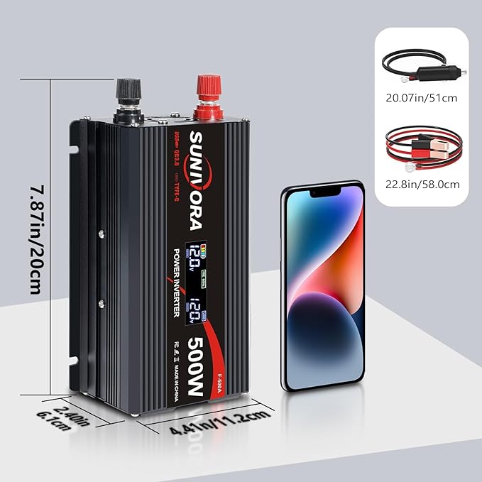 500 Watt Car Power Inverter 12V DC to 110V/120V AC Converter 1000W Peak with LCD Display, 2 AC Outlets & PD Type-C & USB 3.0, Car Plug in Adapter Outlet Supplies Power to Appliances on Car Boat