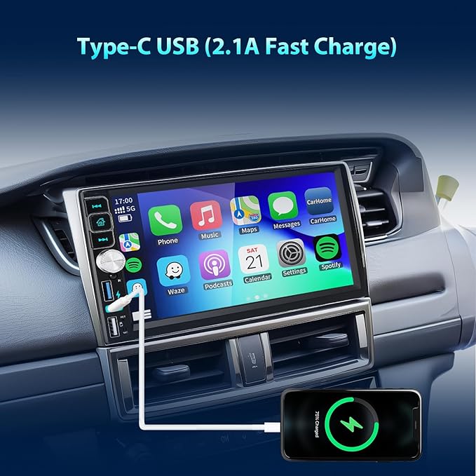 Double Din Car Stereo Bluetooth Compatible with [Wireless] Apple CarPlay/Android Auto 7“ Touchscreen AM/FM Radio Type-C USB (2.1A Fast Charge) Backup Camera