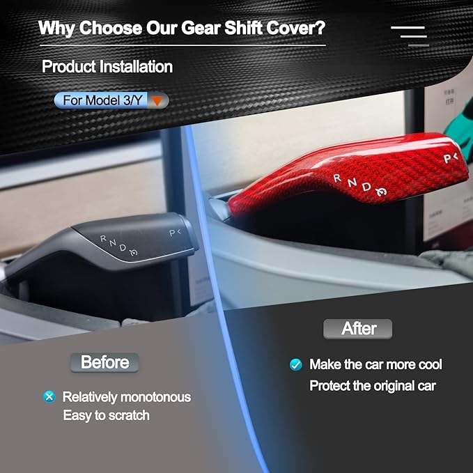 Carbar Gear Shift Cover for Tesla Tesla Model 3 Carbon Fiber Model Y Accessories Steering Wheel Lever Cover Real Carbon Fiber Gear Column Shift Collars (2Pcs Red Glossy Carbon Fiber)